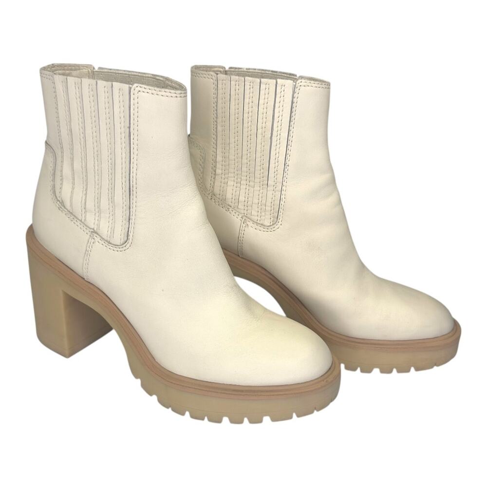 Dolce Vita Women's Caster Lug Sole Cheslea Heeled Booties Size 9.5 Cream Leather